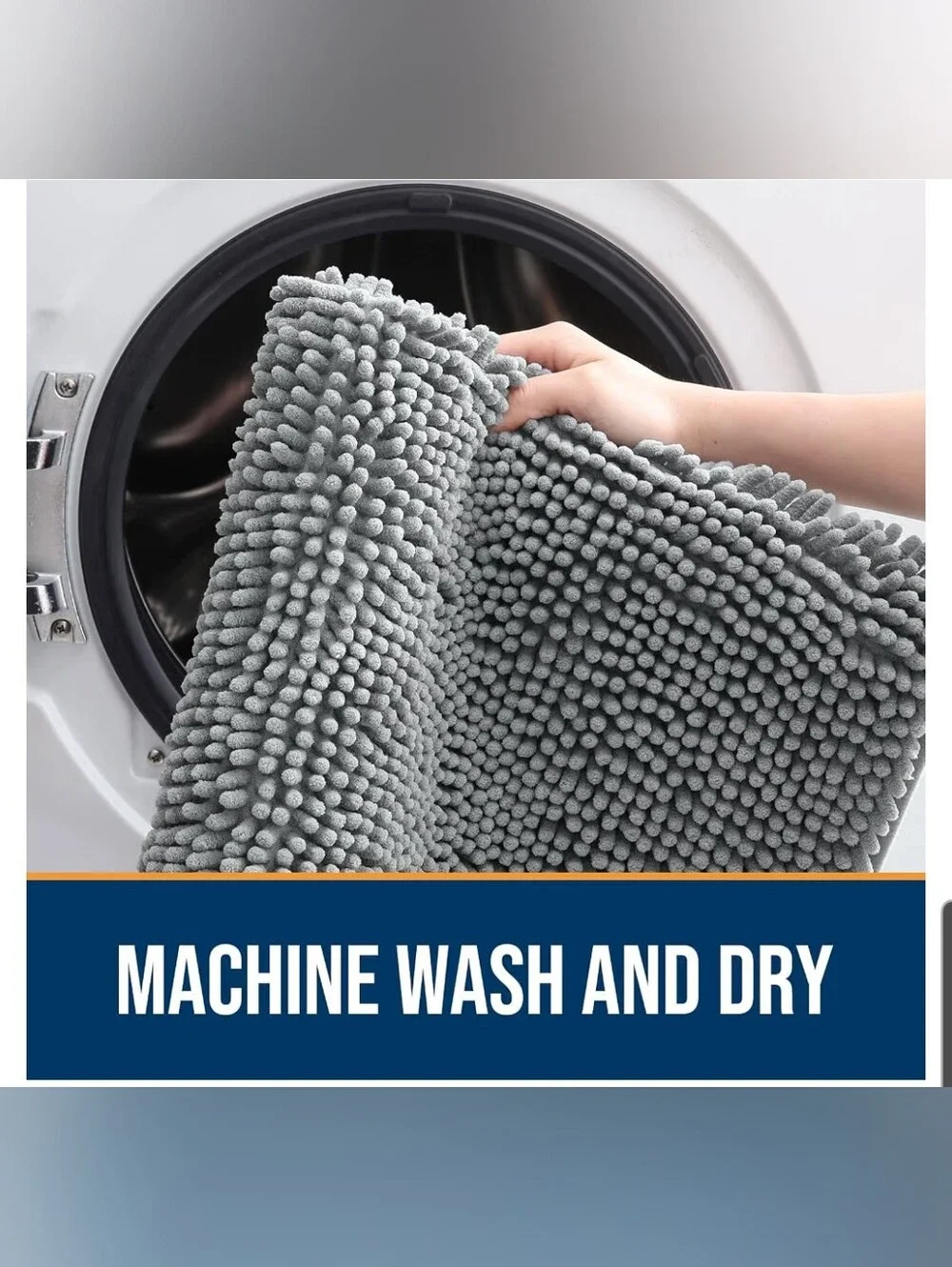 Plush Gray Chenille Bath Mat Traps Dirt – Soft Non-Slip Floor Rug 47x17